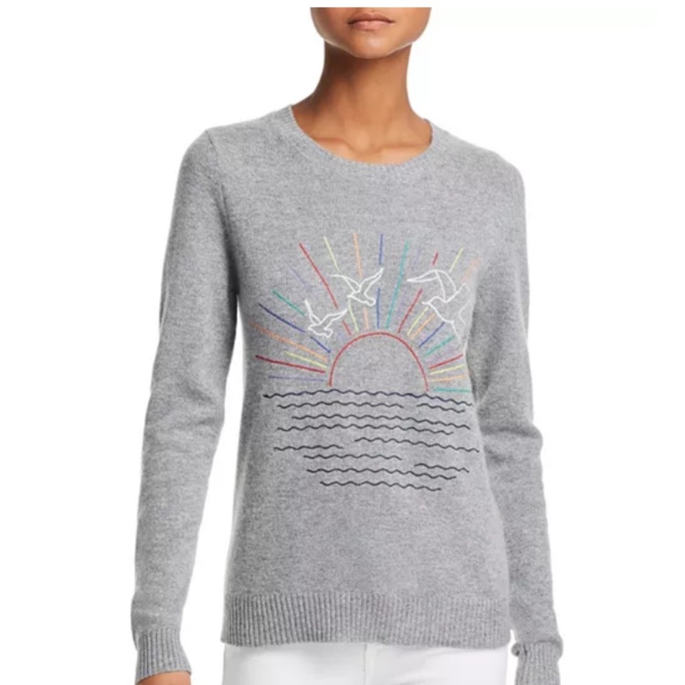 Aqua Sunset-Embroidered 100% Cashmere Sweater Size S Crewneck Jumper Quirky Fall